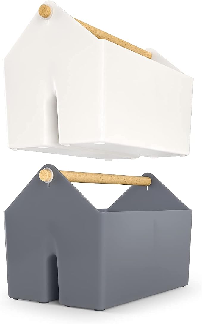ARTEZA Plastic Portable Craft Storage Organizer, Pack of 2, Gray and Ivory, 3-Sectioned Plastic Basket with Handle, Caddy Organizer - Image 5