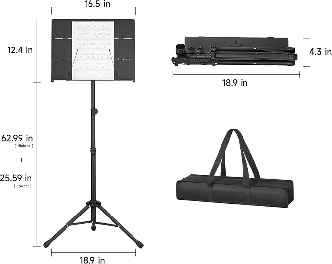 Portable Sheet Music Stand - 2 in 1 Dual-Use Folding Music Stand & Desktop Book Stand with Carrying Bag, Tri-fold Panel Metal Holder Adjustable Height with Music Sheet Clip Holder - Image 8