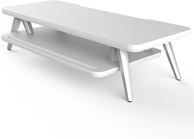 Fenge Monitor Stand Riser, Wooden Desk Shelf with 2-Tier Storage | 23.6-Inch Wide, Sturdy Aluminum Legs, Built-In Phone & Tablet Slot, Desktop Organizer for Office Accessories - Image 7