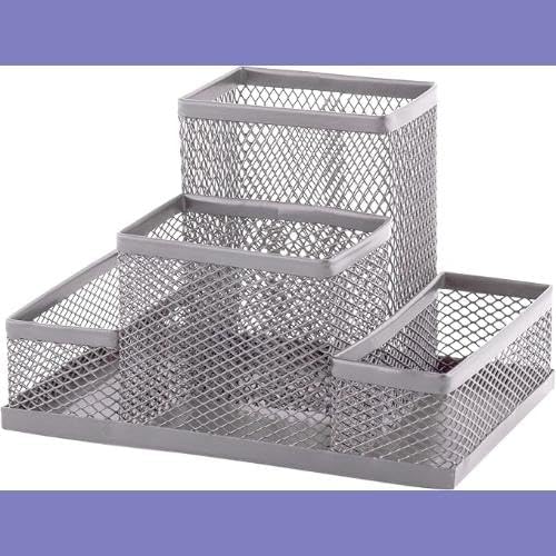D.RECT Desk Organiser, Pen Holder, Desk Pen Holder, Table Organiser Made of Metal, Office Tray with Note Holder, Mesh, 103 x 154 x 103 mm, Silver - Image 3
