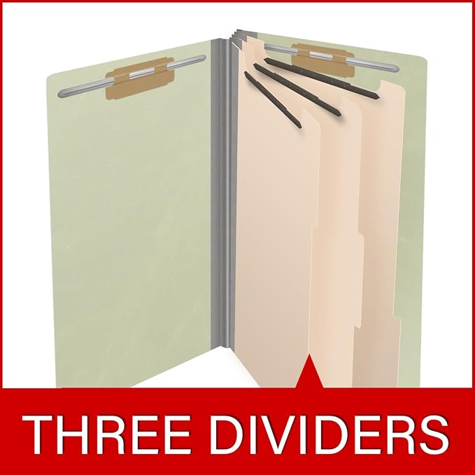 Ecom Folders End Tab Pressboard Classification Folders | Legal Size 25 Pt Type III Stock with 3 Dividers & 3" Tyvek Expansion | 2 Fasteners Pos 1 & 3 for Medical & Office Docs | Light Green, Box of 10 - Image 8