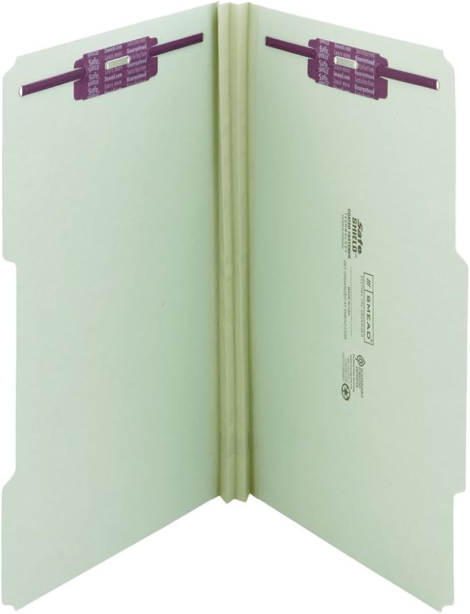 Smead Pressboard Fastener File Folder with SafeSHIELD Fasteners, 2 Fasteners, 2/5-Cut Tab Right of Center Position, Guide Height, 2" Expansion, Legal Size, Gray/Green, 25 per Box (19982) by SMEAD