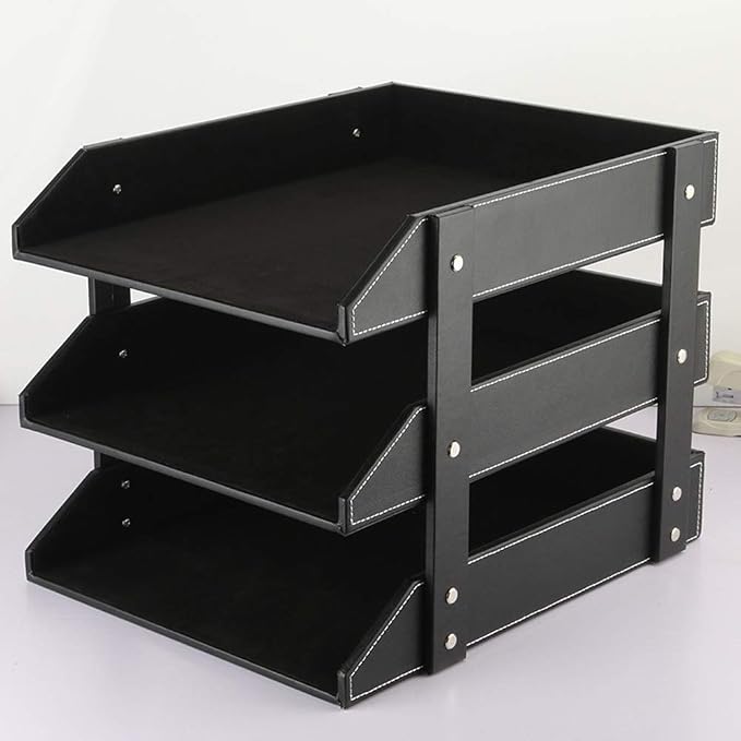 Leather Desk File Organizer, 3-Layer Stackable Tray, Used to Store documents, folders, Stationery, Magazines, Newspapers, Letters, and Other Home Office Sundries Desktop Organization Holder(Black)… - Image 7