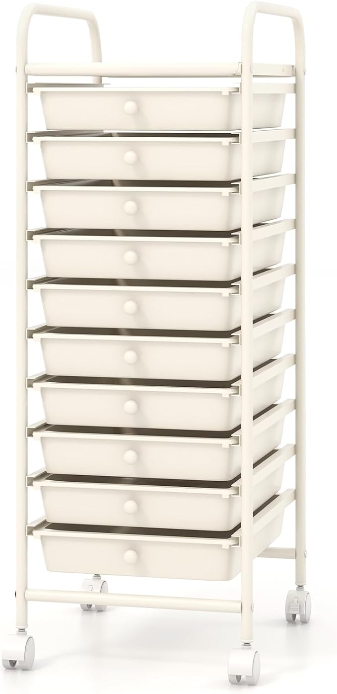 Giantex 10-Drawer Storage Cart w/Universal Wheel, Rolling Cart w/Handle, Home Organizer Storage Unit w/Removable Drawers, Trolley Utility Cart for Kitchen Makeup Living Room Office Play Room, Ivory - Image 9