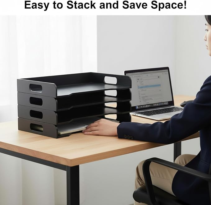 Wooden Stackable Paper Trays 4-tier Wooden Paper Organizer for Desk Letter Documents Woodens Desktop File Organizers for Desktop File Holder and Office Supplies Rack for Home Office Use (Black) - Image 6