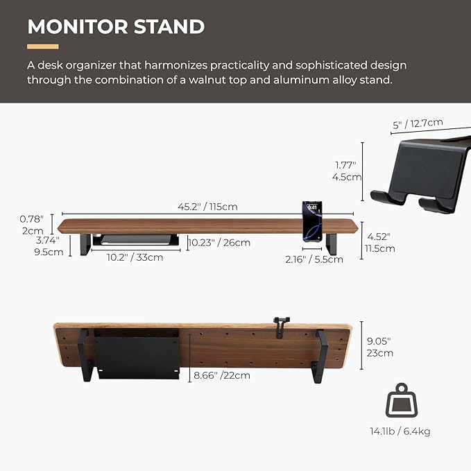 muso wood Dual Monitor Stand with Storage Shelf, 45 Inch Wooden Monitor Riser for 2 Monitors, Walnut Desk Shelf for Computer, Laptop, Screen, TV, Printer - Image 7