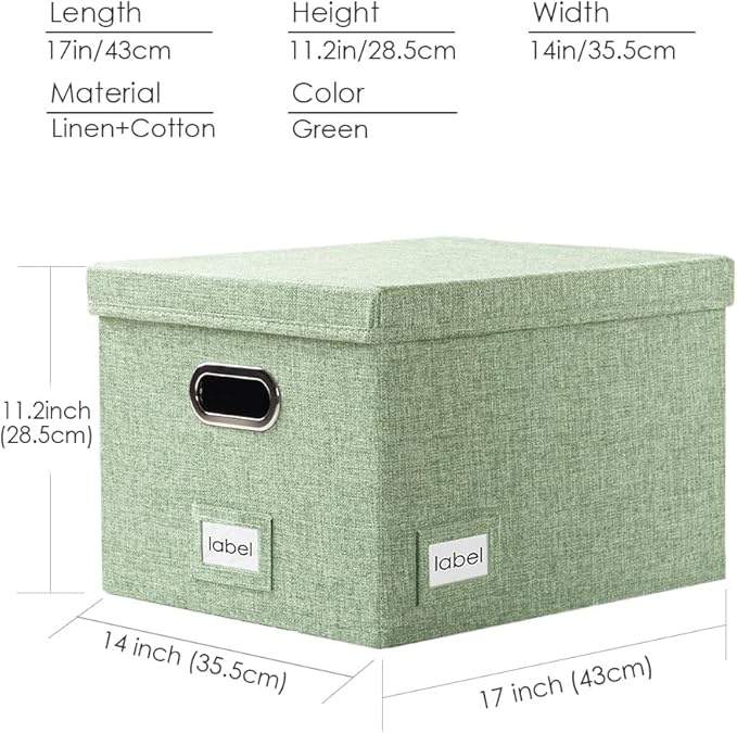 File Organizer Box - Set of 2 Collapsible Decorative Linen Filing Storage Hanging File Folders with Lids Office Cabinet Letter/Legal Size Green 17x14x11.2 inch - Image 6