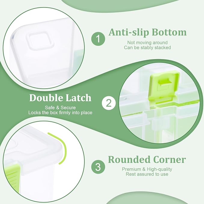 BTSKY Clear Plastic Dividing Storage Box with 4 Compartments Sewing Box | 13.3x8.1x3.4 Inches Adjustable Storage Bin with Lid Plastic Craft Storage Container Multipurpose Art Supply Organizer Green - Image 9