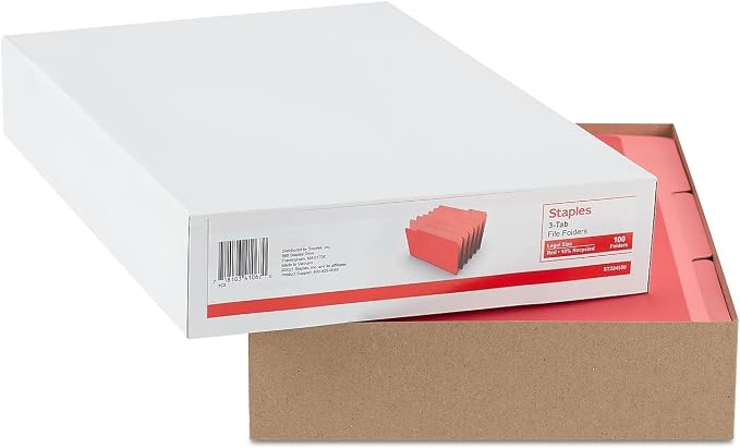 Staples Colored File Folders, Legal Size, 3‑Tab Top‑Tab Design, Red, Durable Paper Stock, 100/Pack - Image 5