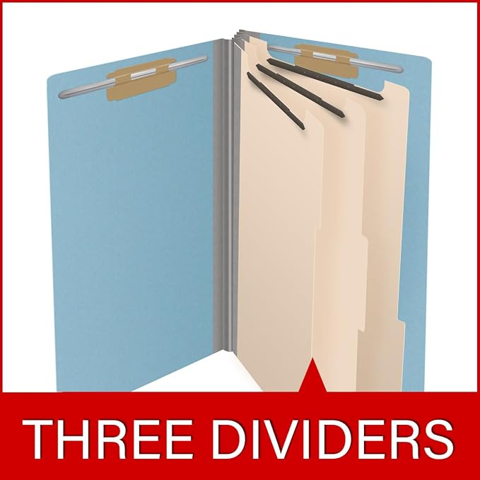 Ecom Folders End Tab Pressboard Classification Folders | Legal Size 25 Pt Type III Stock with 3 Dividers & 3" Tyvek Expansion | 2 Fasteners Pos 1 & 3 for Medical & Office Docs | Blue, Box of 10 - Image 8