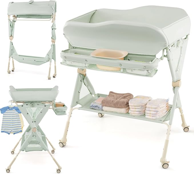 INFANS Baby Changing Table with Wheels, Portable Folding Diaper Station Nursery Organizer with Storage Basket, Hanging Rack, Adjustable Height, Safety Belt for Newborn Infant (Green) - Image 9
