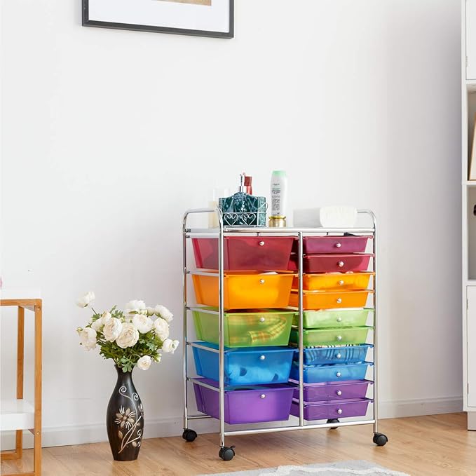 Giantex 15 Drawer Rolling Storage Cart Tools Scrapbook Paper Office School Organizer, Multicolor - Image 9
