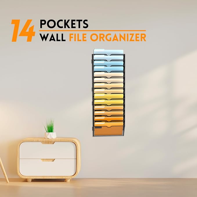 14 Tier Wall File Organizer, Hanging Wall Mounted Mail Organizer with Label Slots, Metal Mesh File Holder Magazine Rack for Office, Home, School or Classroom, Black - Image 7