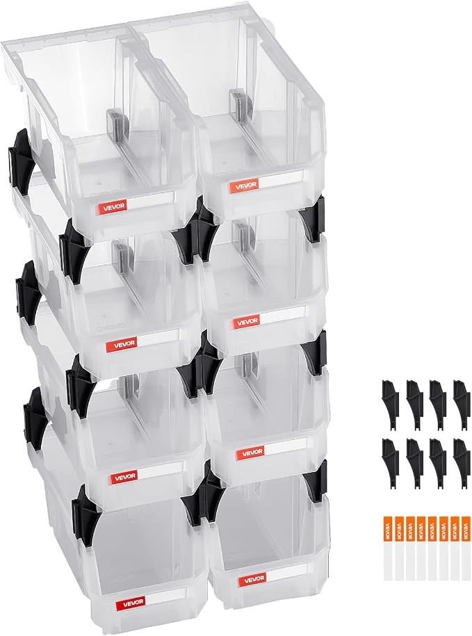 VEVOR Plastic Stackable Storage Bins, 10.9 x 5.5 x 5.1 inch (8 Pack), Plastic Containers for Organizing & Storage Bins for Closet, Garage, Small Parts, Office Supplies, Other Accessories, Transparent - Image 9