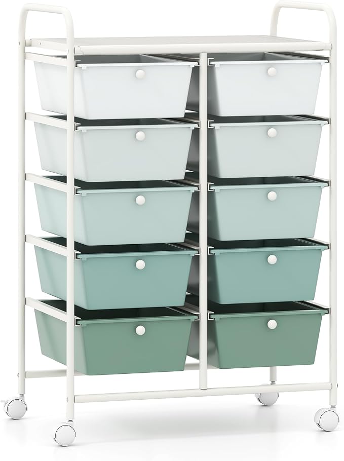 Giantex 10 Drawers Rolling Cart, Classroom Organizers, Storage Cart with Wheels, for Teacher Office Home School Supplies Tool Craft Art Paper, Green Gradient - Image 9