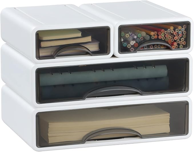 White Desktop Drawer Organizer Unit for Office Paper and Supplies | White, 2 Large & 2 Small Drawers, Plastic Desk Organizer with Mini Drawers, Makeup Organizer, Kitchen Countertop Organizer - Image 8