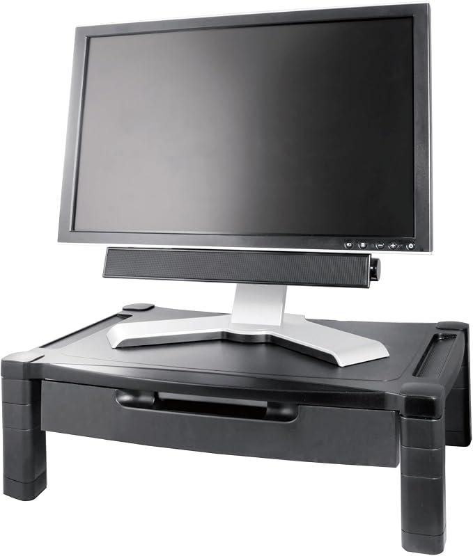 Kantek Wide Deluxe Two-Level Monitor Stand With Drawer, 20" X 13.25" X 3" To 6.5", Black, Supports 50 Lbs - Image 8