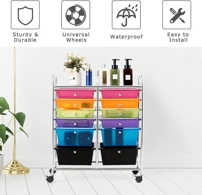 Moccha 12-Drawer Rolling Storage Cart - Under Desk Storage Drawers with wheels for Craft Art Supply Paper Salon, Scrapbook Paper Tools, Mobile Utility Cart for Classroom, Colorful - Image 7