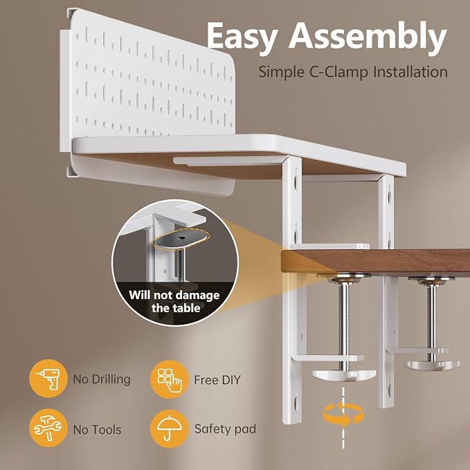 Clamp on Desk Extender Shelf, 22" Desk Riser with Pegboard | Heavy-Duty Side/Top Desk Organizer Shelf for Office Accessories, Monitor and Laptop Riser, Light Wood - Image 9