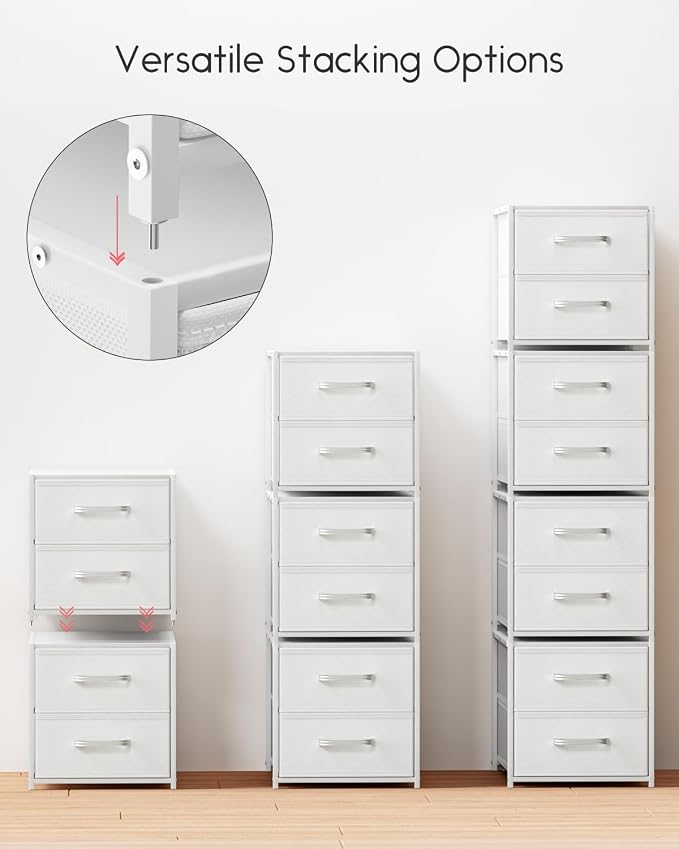 Stackable Storage Drawers - 2 Tier Closet Organizer with Metal Handles and Metal Frame, Collapsible Fabric Bins Dresser for Bedroom, Dorm, Office, White, 1 Pack - Image 7