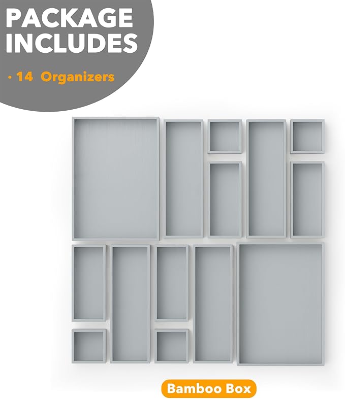 SpaceAid 14-Piece Bamboo Drawer Organizer Storage Boxes Set, Wood Tray Junk Drawer Organizers Multi-Use Divider Bins for Kitchen, Bathroom, Office Desk and Makeup Organization (14 Pack, Gray) - Image 6