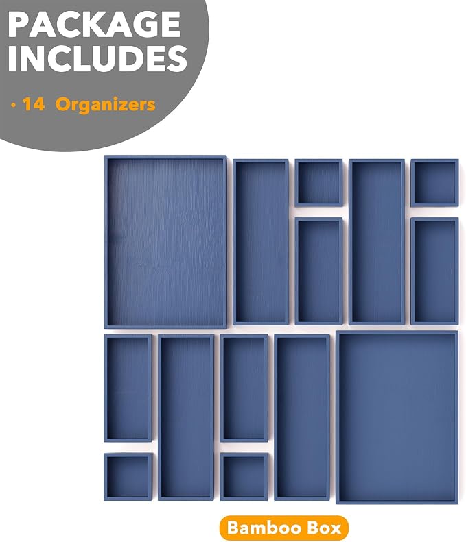 SpaceAid 14-Piece Bamboo Drawer Organizer Storage Boxes Set, Wood Tray Junk Drawer Organizers Multi-Use Divider Bins for Kitchen, Bathroom, Office Desk and Makeup Organization (14 Pack, Navy Blue) - Image 6