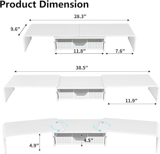 LEKETREE Dual Monitor Stand Riser with Drawer, Desk Organizer and Accessories, Metal Laptop Stand for Desk, Workspace Desktop Stand for Computer, Laptop, TV and More (White) - Image 7