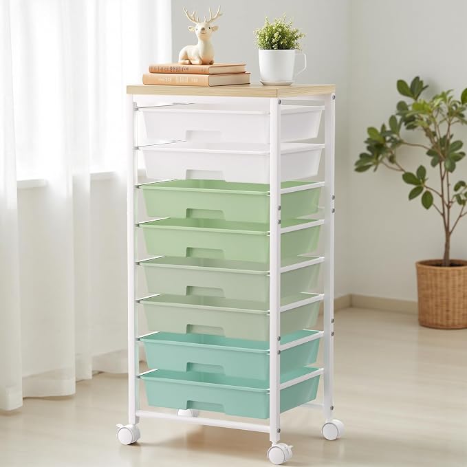 Rolling Cart with 8 Drawers, Plastic Drawer Storage Carts with Wheels & Wooden Tabletop, Metal Utility Cart Organizer for Bedroom Living Room Office Classroom Craft Organization and Storage, Green - Image 7