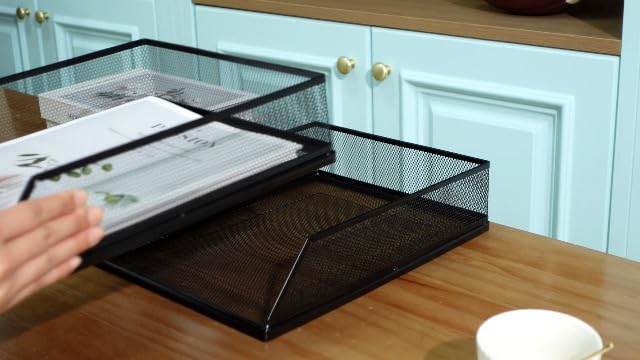 Hicarer 4 Pcs Black Metal Letter Tray Stackable Desk Tray Single Wire Mesh Organizer Front Load File Paper Holder for Desktop Office Home School Classroom (12.8 x 9.84 Inch) - Image 7
