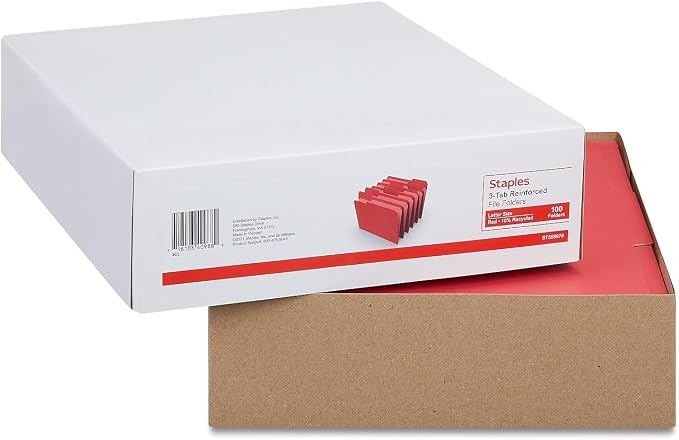 Staples Reinforced File Folders, Letter Size, 1/3‑Cut Tabs, Red, Heavy‑Duty Paper Stock, 200/Carton - Image 6