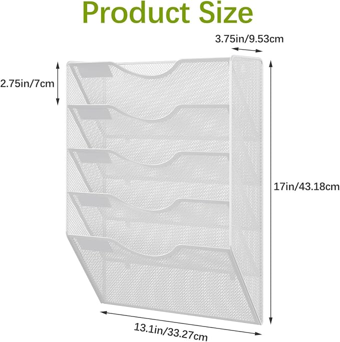 EasyPAG Wall File Organizer 5 Tier Hanging Paper Folder Holder, Zero Assembly Metal Mesh Wall Mounted Mail Organizer for Office Home Classroom Narrow Spaces, White - Image 7