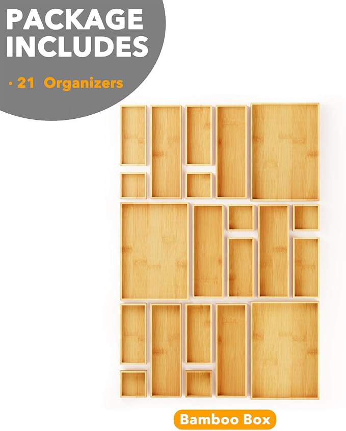 SpaceAid 21-Piece Bamboo Drawer Organizer Storage Boxes Set, Wood Tray Junk Drawer Organizers Multi-Use Divider Bins for Kitchen, Bathroom, Office Desk and Makeup Organization (21 Pack, Natural) - Image 6