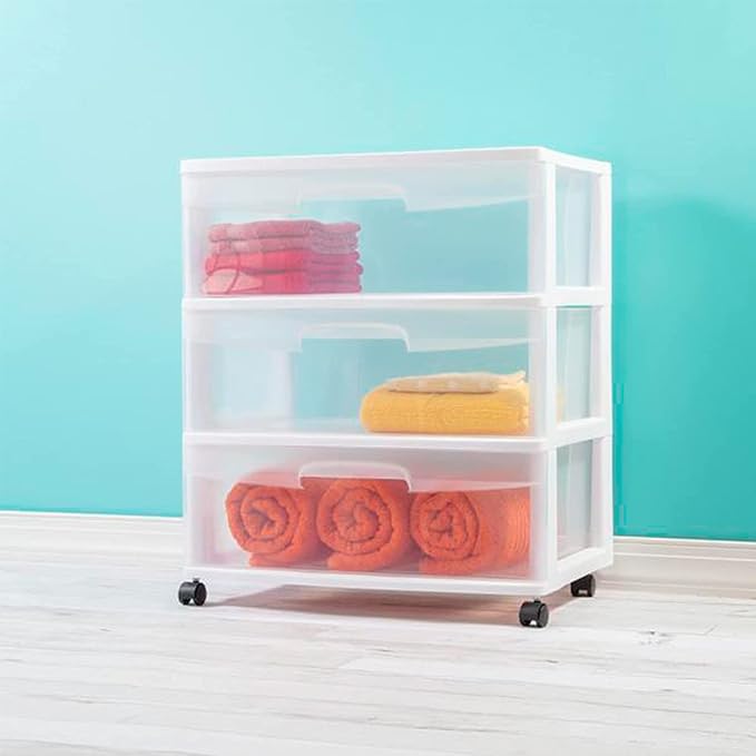 Plastic Storage Drawer Cart, Medium Home Organization Storage Container with 3 Large Clear Drawers With Wheels (White) - Image 7