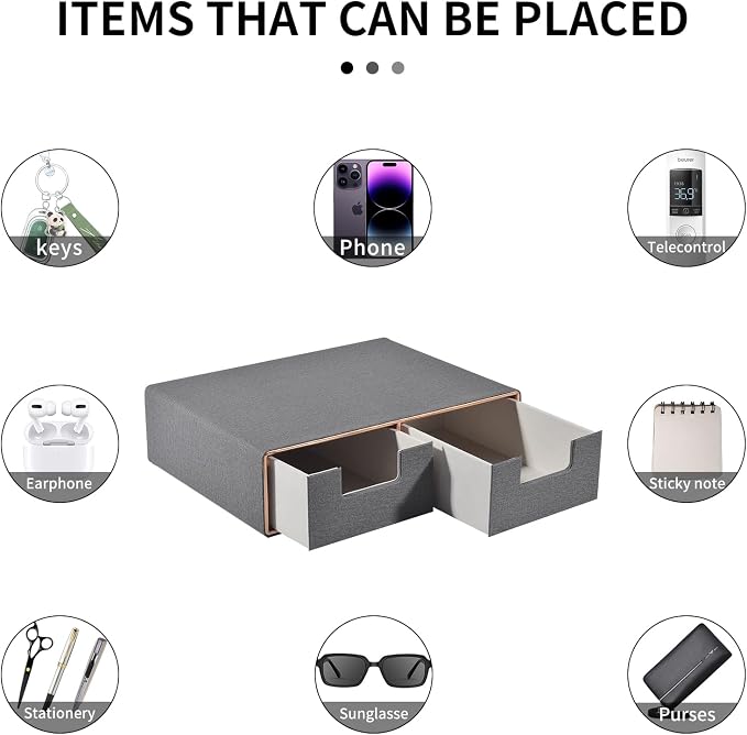 Linen Leather Desk Organizer with Drawers-Mini Desktop Drawer Organizer Stackable-Multifunctional Tabletop Organization Storage Box for Office Supplies Home Vanity Toiletries (Grey, 2-drawers) - Image 7