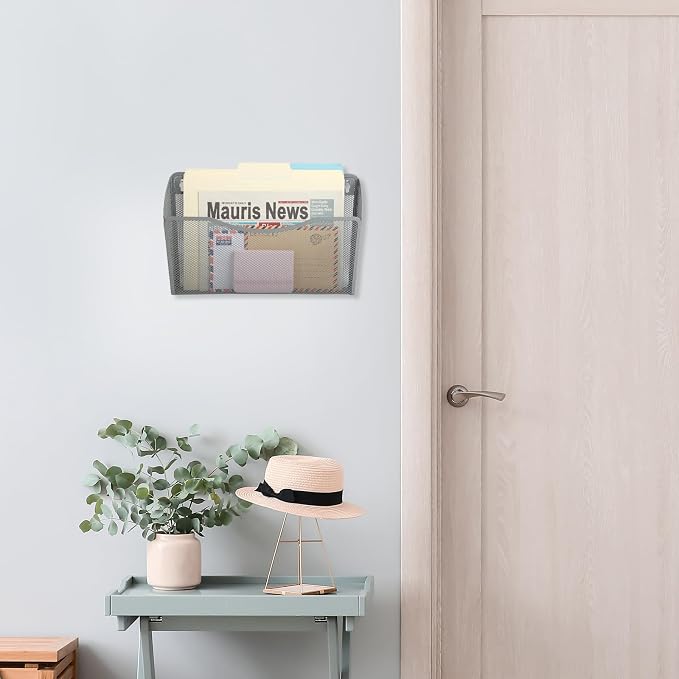 3 Single Pocket Mesh Hanging File Organizer, Vertical Wall Mounted Magazine File Holder, Mount Basket Mail Paper Document Folder Organizing for Office, Home and School, Gray - Image 7