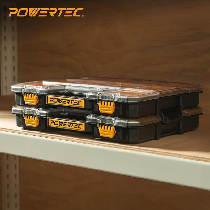 POWERTEC Small Parts Organizer & Tool Box – 20 Compartments, IP65 Water & Dust Protection, Stackable Storage with Interlocking Latch, Removable Bin, Divider, Clear Lid, Portable Design, 2PK (72366-P2) - Image 9