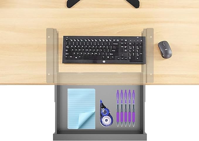 Dual Tier Under Desk Mounted Sliding Pull-out Drawer, 15.3" Wide | Mounted Storage Desk Organizer for Sit Stand Workstation, Metal, Black (2TierMedium) - Image 6