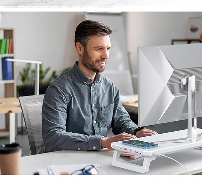 Monitor Stand Riser with USB 3.0 Hub & Type-C Port, 15W Fast Wireless Charging & RGB Lighting, Desk Organizer for Home Office PC iMac 27 Inch (White) - Image 7