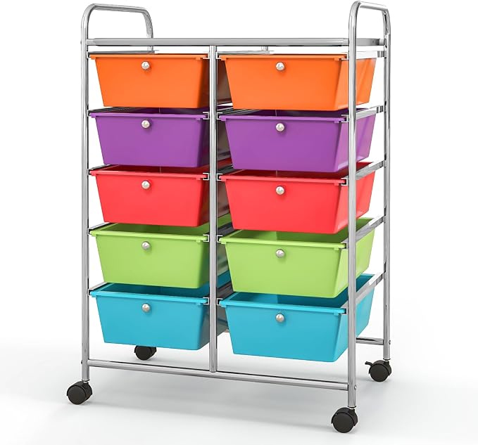 Giantex 10 Drawers Rolling Cart, Classroom Organizers, Storage Cart with Wheels, for Teacher Office Home School Supplies Tool Craft Art Paper, Rainbow Color - Image 10