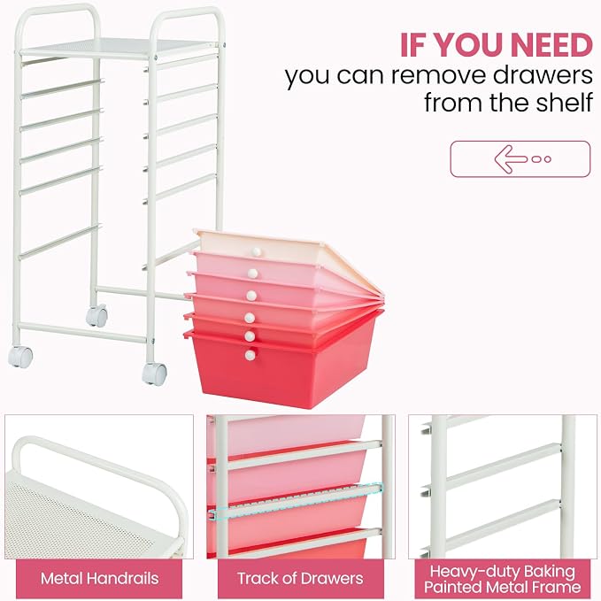 COSTWAY 6-Drawer Rolling Storage Cart, Art Craft Tools Organizer on Wheels | Multifunctional Heavy Duty Utility Mobile Storage Trolley w/ 2 Lockable Wheels for Home Office School (Mixed Pink) - Image 8