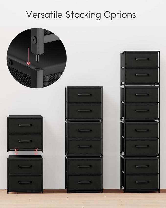 Stackable Storage Drawers - 2 Tier Closet Organizer with Metal Handles, Fabric Dresser with Collapsible Bins for Bedroom, Dorm, Office, Black, 2 Pack - Image 7