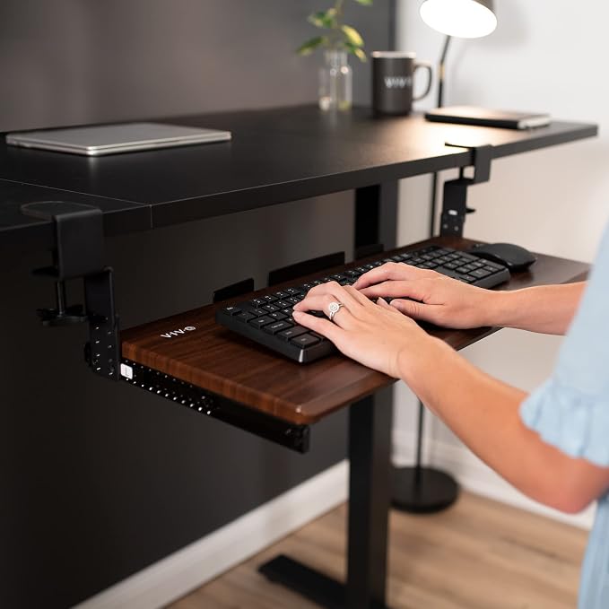 VIVO Large Height Adjustable Under Desk Keyboard Tray, C-clamp Mount System, 27 (33 Including Clamps) x 11 inch Slide-Out Platform Computer Drawer for Typing, Dark Walnut, MOUNT-KB05HD - Image 9