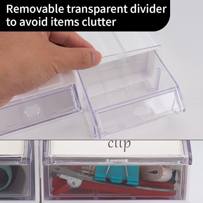12 Pcs Drawer Stackable Storage Cabinet, White Plastic Organizer with Drawers & 36 Pcs Clear Dividers Organizer Rack & 48 Pcs Tag Card & 24 Pcs Non-slip Stickers for Home Office School - Image 7
