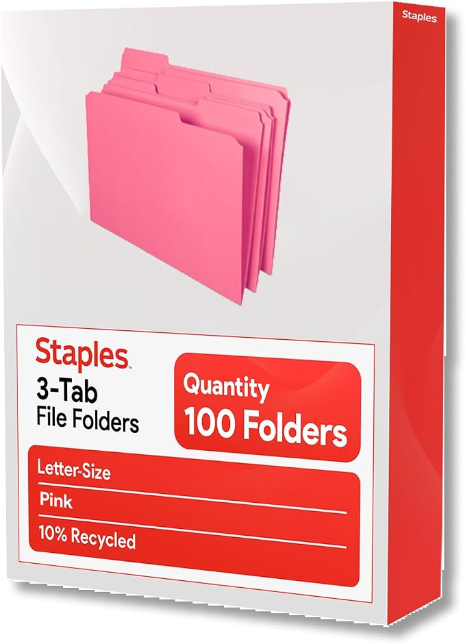 Staples Reinforced File Folders, 1/3-Cut Tab, Letter Size, Pink, 100/Box (508952) - Image 7
