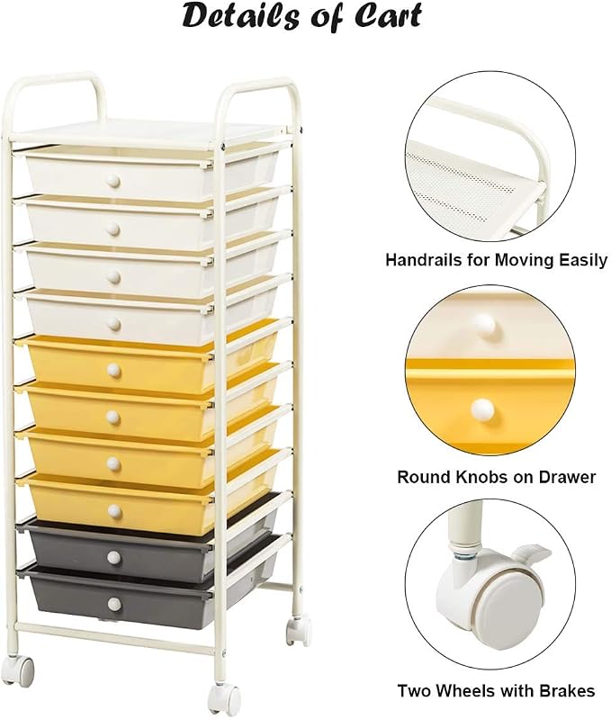 Giantex 10 Drawer Rolling Storage Cart Scrapbook Paper Office School Organizer (Beige+Yellow+Grey) - Image 7