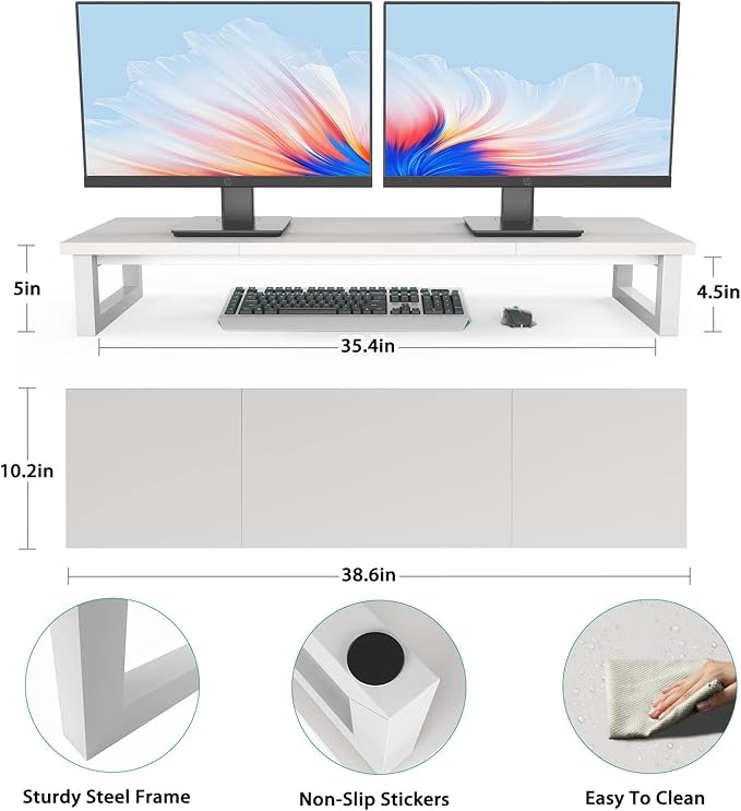 YAOHUOO Dual Monitor Stand Riser, 39Inch Large Monitor Stands for 2 Monitors, Computer Monitor Stand, Wooden Desktop Oraganizer Shelf for Office Desk Computer,Laptop,TV - Image 7