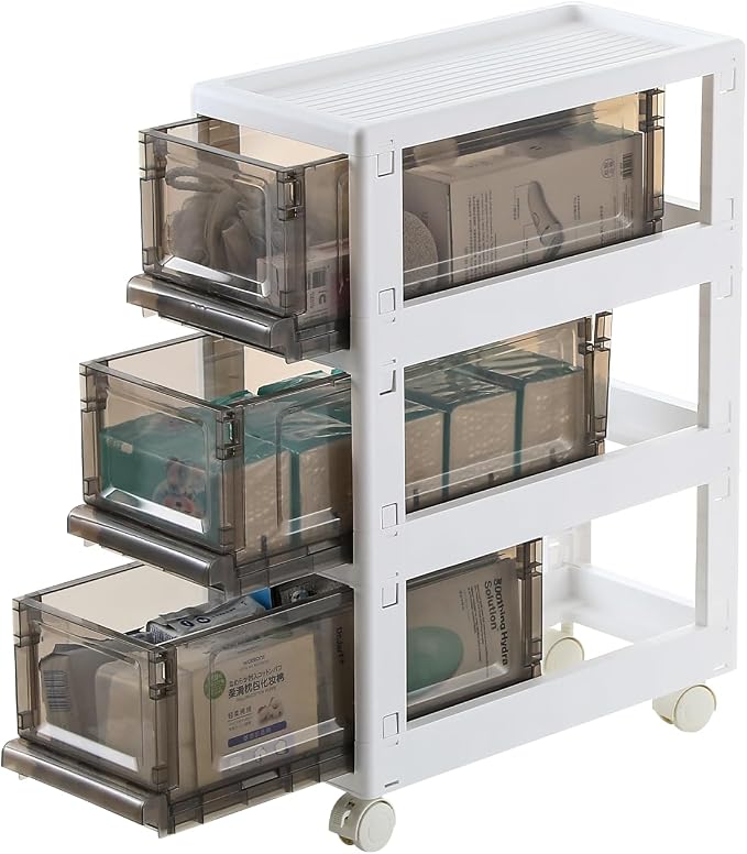 Plastic 3 Drawer Storage Organizer, Narrow Plastic Storage Drawers with Wheels, Storage Cart with Drawers for Small and Narrow Space, 7.87-inch Wide (gray) - Image 8