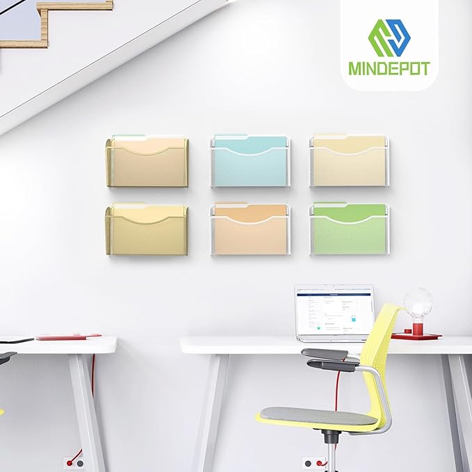 MINDEPOT Wall File Organizer, Hanging Wall File Holder, 1 Pack, Gold | Heavy Duty Iron, Metal Mesh Wall Mount, Single Pocket, Mail Organizer, for Office School Classroom Home, Letter A4 Size - Image 7
