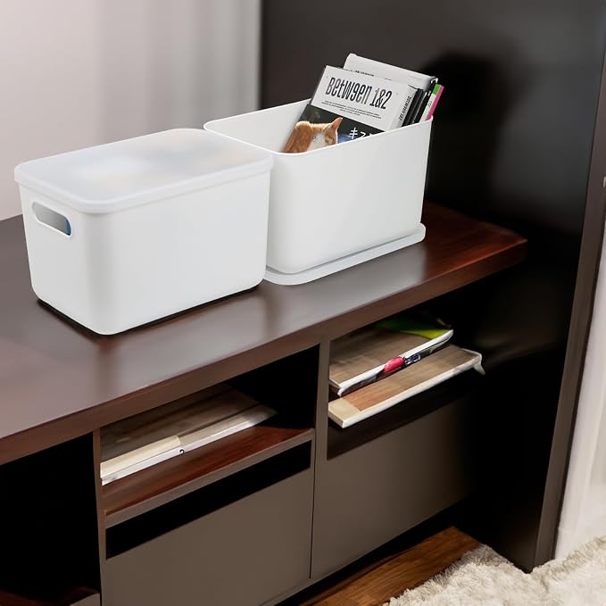 4 Pcs Small Storage Bins with Lids, Stackable Plastic Storage Containers for Organizing, Organizer Bins Shelf Baskets for Pantry Cabinet Shelves Desktop Freezer Drawer Organization (White, 4M) - Image 7
