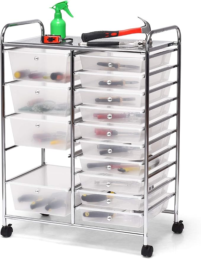 DORTALA 15-Drawer Rolling Storage Cart with Drawers, Rolling Utility Cart w/Removable Drawers & Universal Wheels, Tools Scrapbook Paper Organizer for School, Office, Home, Classroom (Clear) - Image 9